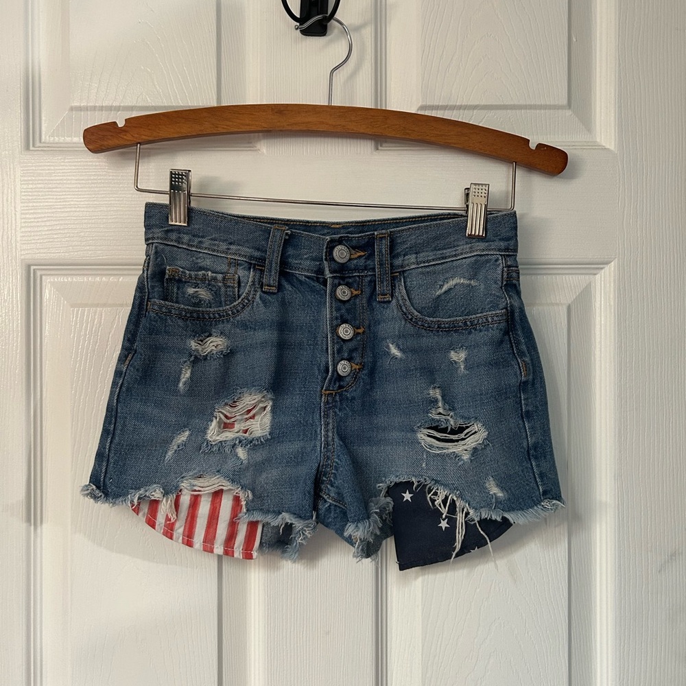 Old Navy Blue and Red Distressed Shorts High-Waisted
